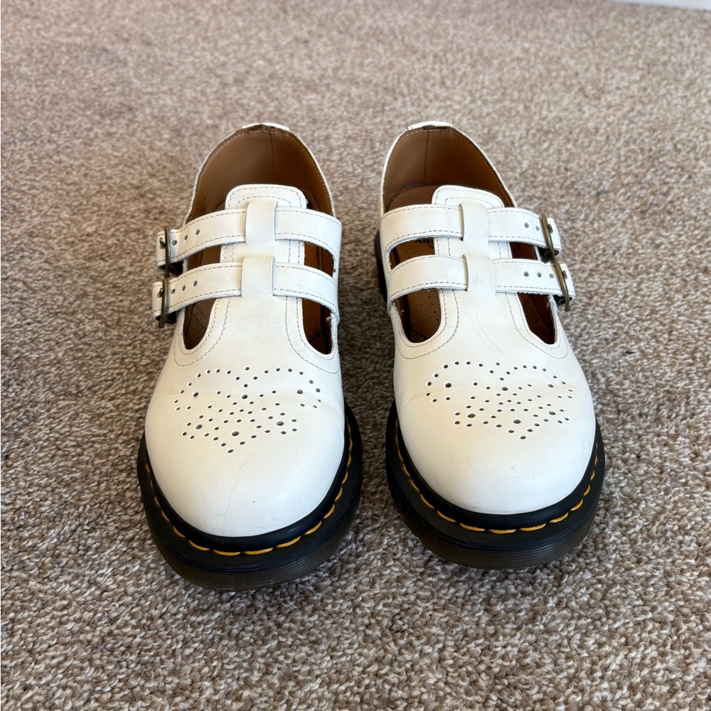 Dr. Martens White Double-Strap Mary Jane Shoes with Yellow Stitching